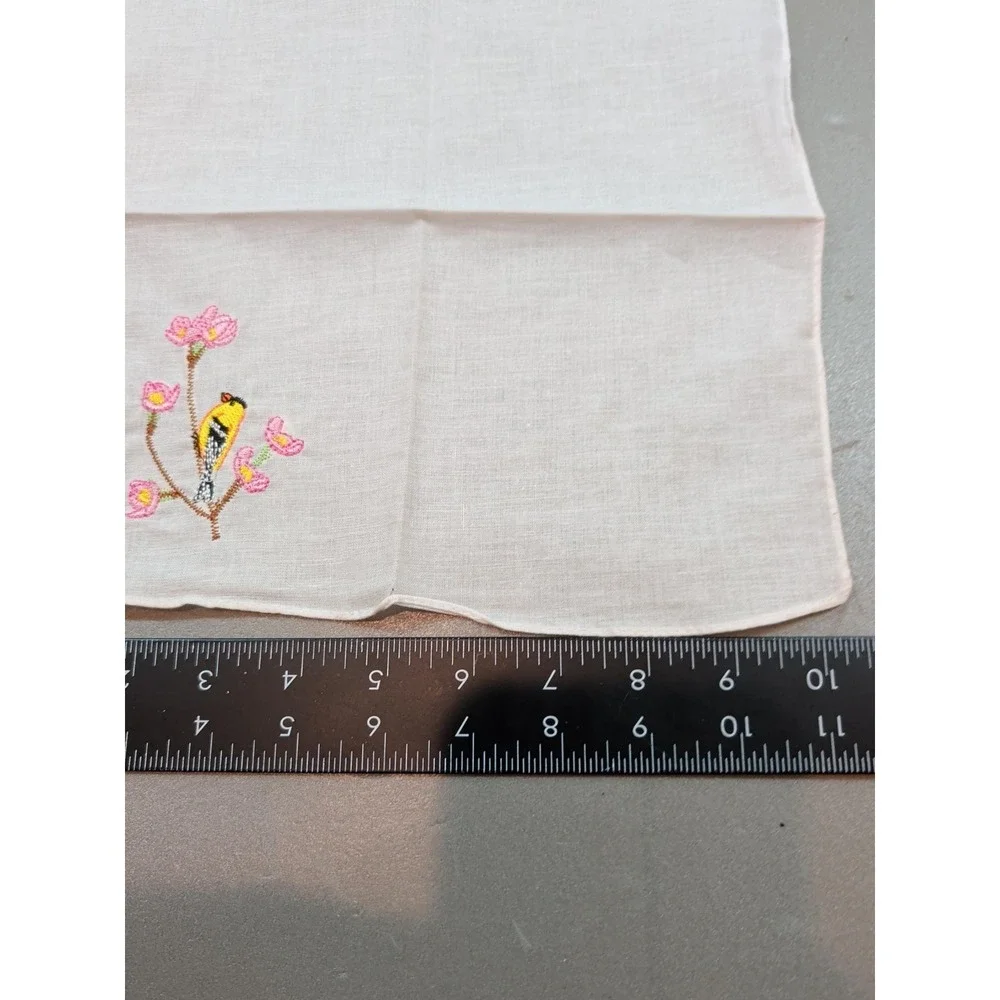 Vintage Embroidered Bird Handkerchiefs Lot of 5 Floral White Cotton Cottagecore